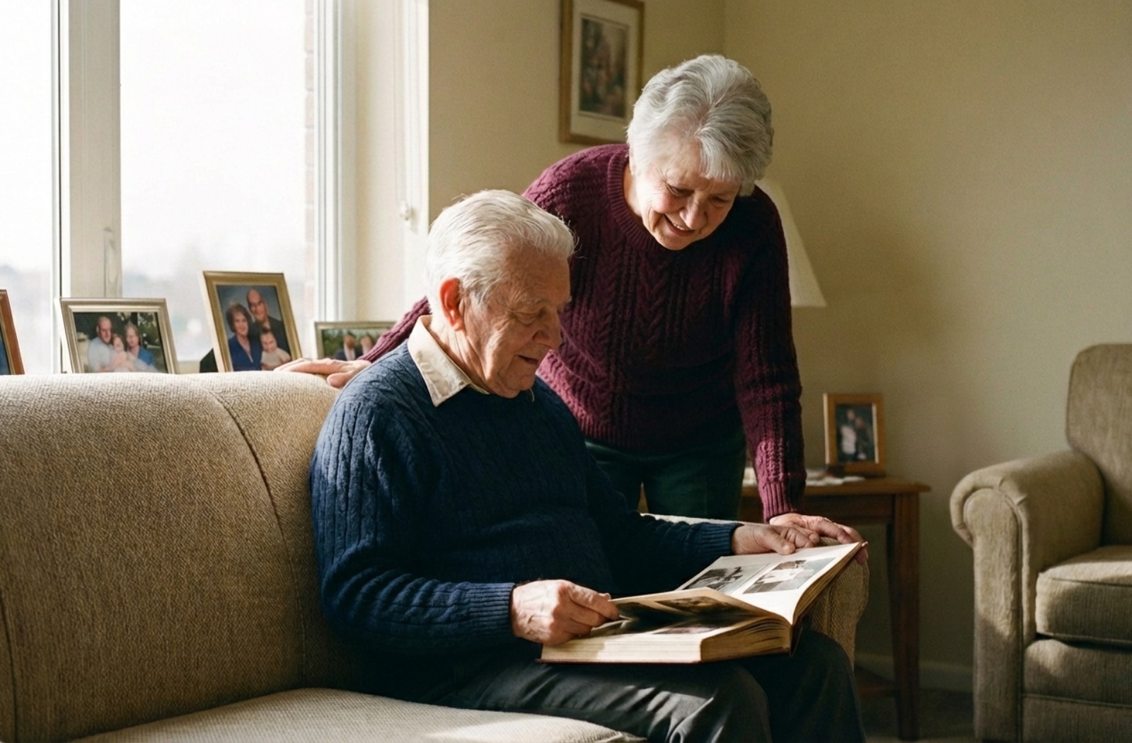 Older couple looks at a photo album together in a living room.

