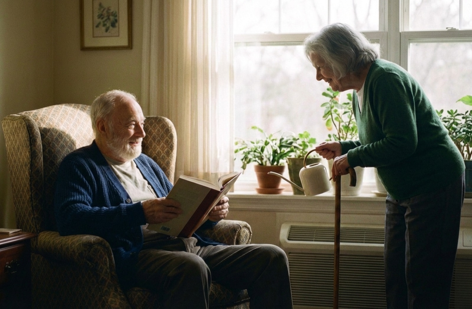 Older couple relaxing in a sunny apartment, with one reading and the other tending to plants while using a cane for support.