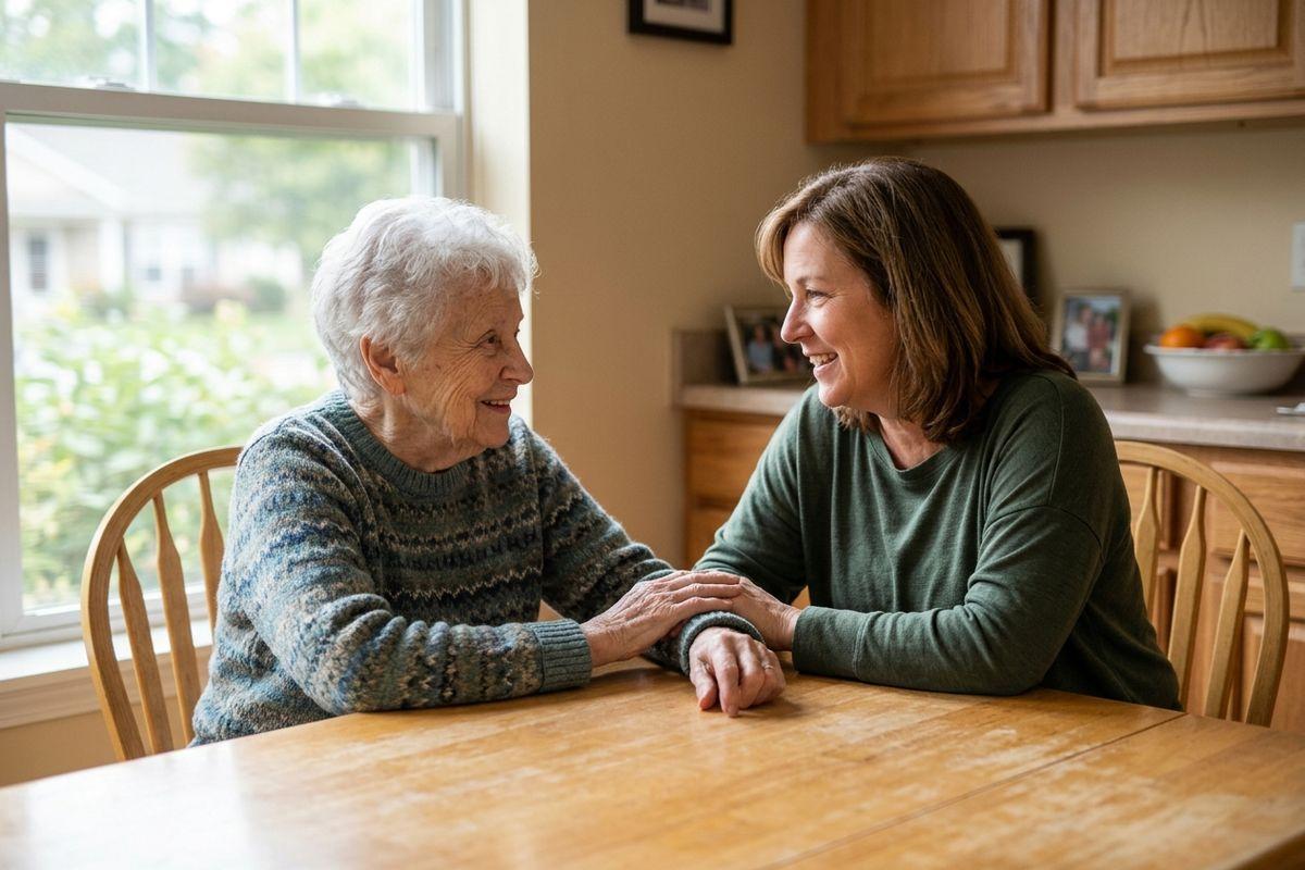 Younger adult holds an elderly person's hand at a kitchen table, both smiling and looking at each other.