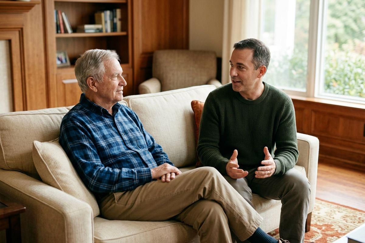 Two adults sit talking on a beige couch in a living room, one gesturing while speaking to an older person.