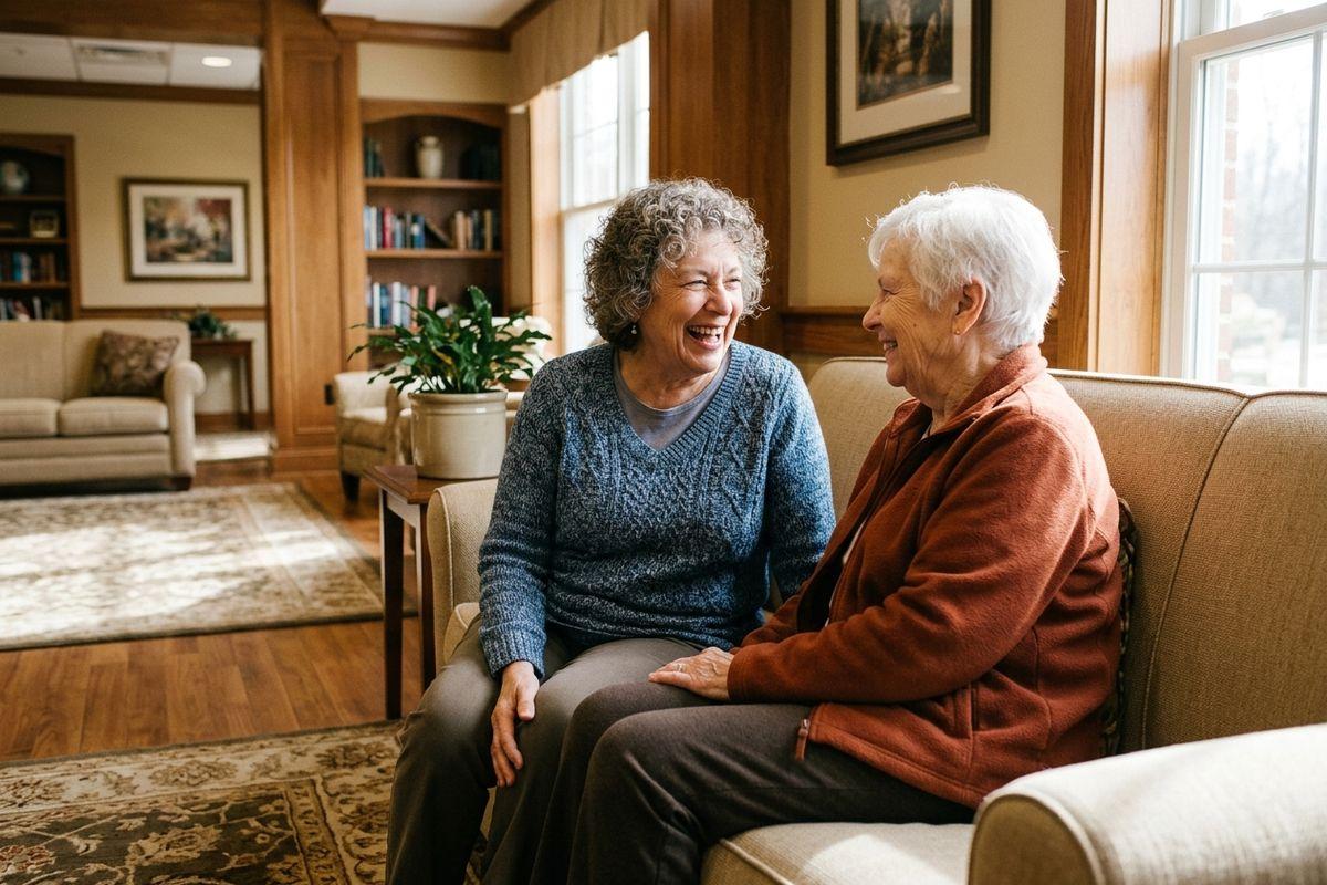 Two older adults sit together on a sofa, laughing and talking in a warmly furnished living room with bookshelves in their new home in personal care.